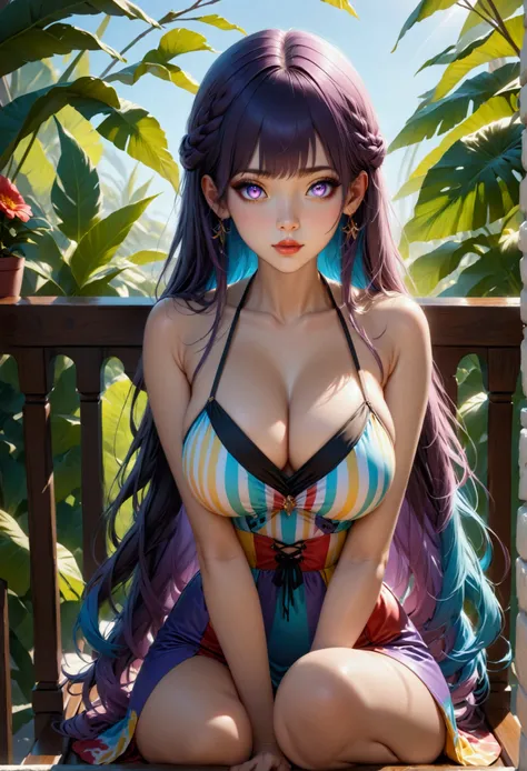 (masterpiece, aesthetic, detailed eyes, realistic), 1girl, mahiru shiina, angel next door spoils me rotten, Long smooth straight dark purple hair, inner gradient hair from light blue to purple, gradient eyes from golden to purple, large bust, large hips, s...