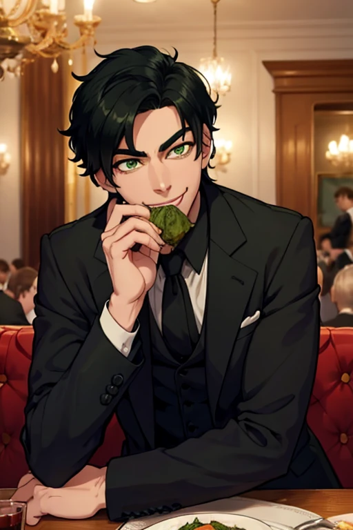 Perfect face. Perfect hands. A black haired man with green eyes and short hair in a Gothic suit is smiling while eating dinner  in a Gothic ballroom