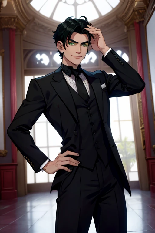 Perfect face. Perfect hands. A black haired man with green eyes and short hair in a Gothic suit is smiling while posing in a Gothic ballroom