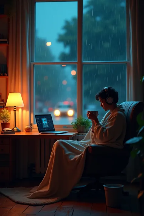 Create a peaceful, cozy scene of a dimly lit room on a rainy evening. The room has soft, warm lighting coming from a vintage lamp on a wooden desk. On the desk, there’s a laptop playing lo-fi music, with gentle waves of sound visualized as colorful, pulsin...