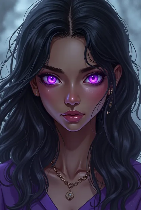 I want you to make a cover of a fantasy story where the protagonist is a purple-eyed sorceress., Brown skin, dark brown hair and can&#39;t control her powers, that it looks artistic and that she is a teenager . Make it a simple cover and put a title "trapp...