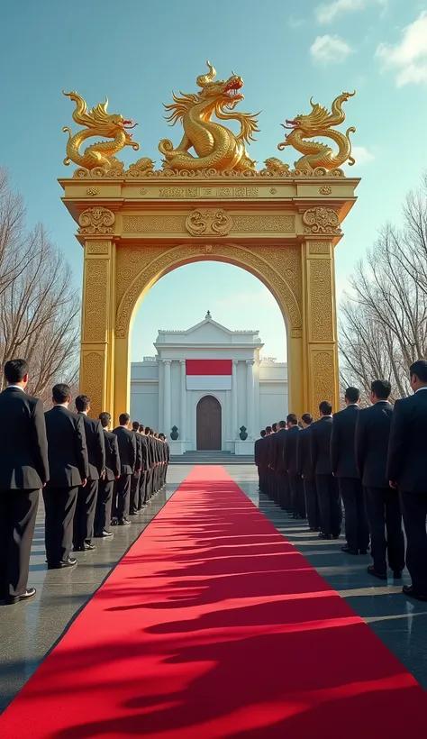 long view portrait of real golden dragon head gate, with large white luxury building with Indonesian flag. there are many groups of men wearing black suits lined up on the left and right to greet them bowing, dry trees, cinematic, blue sky, dragon gate, re...