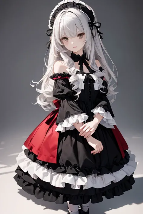 parfect anatomy、top-quality、masuter piece、ultra-detailliert、8ｋ、Correct depiction of the human body、Full Body Angle、Delicately drawn face、Woman with a pretty face、Gothic Lolita Fashion、Black Gothic Lolita Fashion、Black and white costume、Beautiful silky silv...