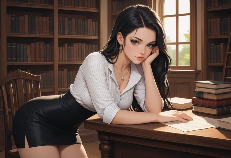 black long straight hair parted from the middle, black hair, black eyed, beautiful faced, thick lipped, narrow nosed lady is leaning face down to a table in the library with large windows, tables and chairs, shelves and a beautiful view but she appears to ...