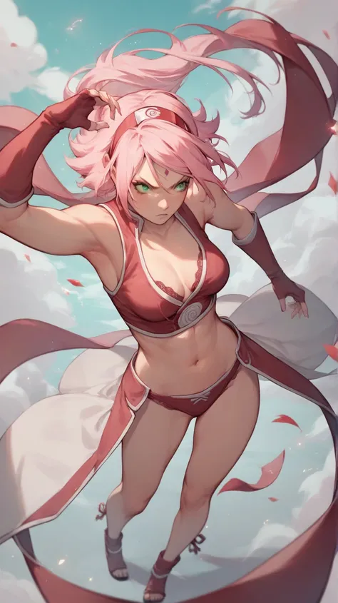  A detailed illustration of Sakura Haruno from Naruto Shippuden full body very big boobs . She is depicted as a strong and confident ninja , wearing her signature red lingerie   with the Uchiha clan symbol, pink lingerie, and gloves. Her short pink hair is...