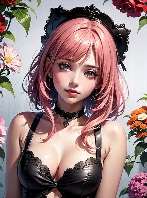 1girl, nijistyle，pink  hair（0.992），white backgrounid（ssmile：0.67），Lovely Niji style，Best picture quality，Top masterpiece，hight clarity，8k wallpaper，flatchest，On the head hangs a few light pink weeping begonias，Begonia in Xifu，flatchest，The protagonist occu...