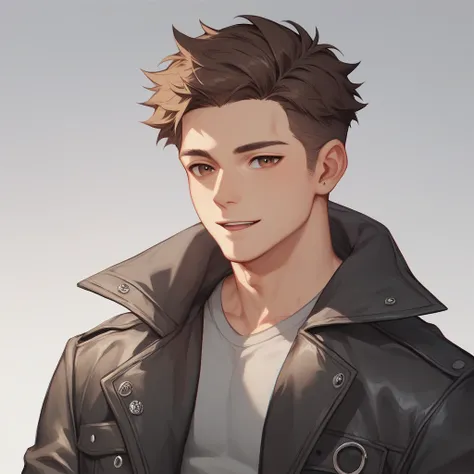 
dark brown hair brown eyes younge man with gray hoodie leather jacket