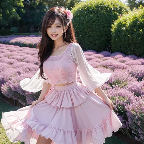 laughing out loud，In the lavender flower field, (knee shot),  1 girl, long hair, Slender body shape, 超face slimming型, face slimming, delicate lips,  pretty eyes, thin blush, Eyes are light brown,View here, (actual:1.3), 8k, ,  super detailed,  High Quality...