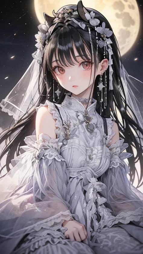 A dark-haired girl walking through a castle garden on a full moon night,(Beautifully detailed face), (Beautiful attention to detail),