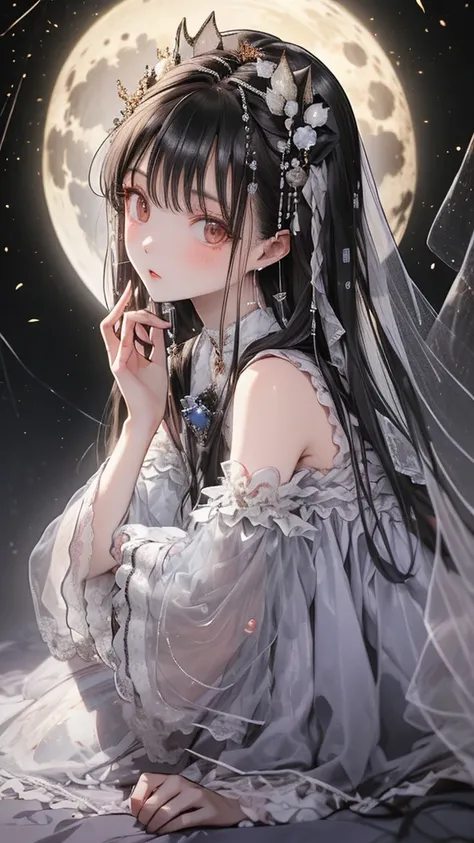 A dark-haired girl walking through a castle garden on a full moon night,(Beautifully detailed face), (Beautiful attention to detail),