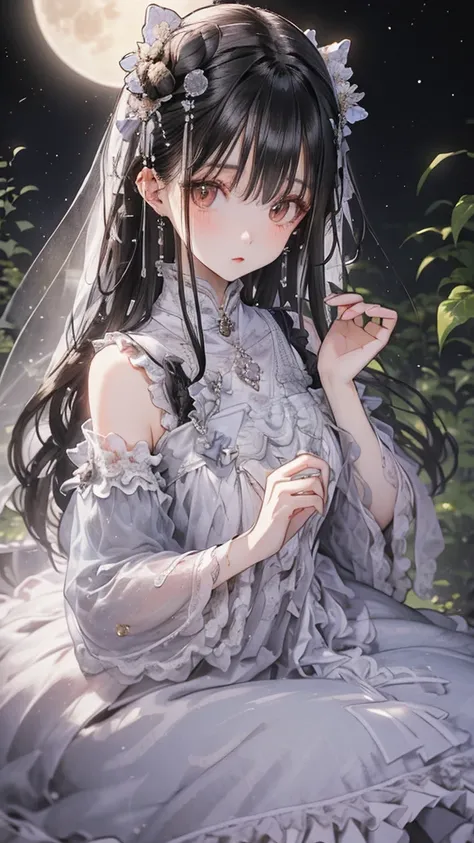 A dark-haired girl walking through a castle garden on a full moon night,(Beautifully detailed face), (Beautiful attention to detail),