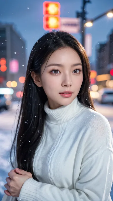 ( top quality、 table top in front of you、8k、 Max Image、 Award-winning works )、Beautiful female idol、(Alone:1.1)、((white high neck cable knit and white long coat:1.1))、((City intersection at night)) , (( The most beautiful but slightly lonely staring at the...