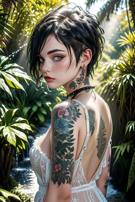 A young English Punk Tattooed plus-size model of rare beauty, Tattooed extremely pinkish white milky skin, short blackest hair with a Mohawk cut, small breasts, distracted green açaí eyes, delicate and long hands. She wears a white blue negligee. She poses...