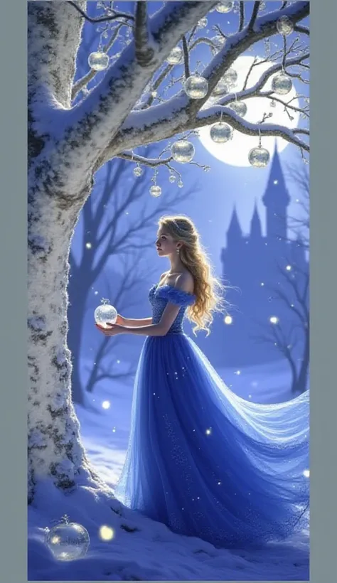 A beautiful slim and tall blonde princess in a deep blue dress collects glass apples from a snow-covered glass tree in a magical forest in the deep blue darkest winter night under the full moon. Dark huge castle is on a distant view.