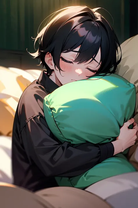 best quality,highres,lighting,ultra-fine painting,sharp focus,physically-based rendering,description,professional,vivid colors,bokeh,portrait,cute,adorable,peaceful,sleepy expression,black hair,hugging a pillow, boy