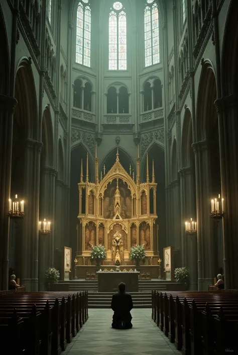 Scene of someone praying on their knees in an empty church.