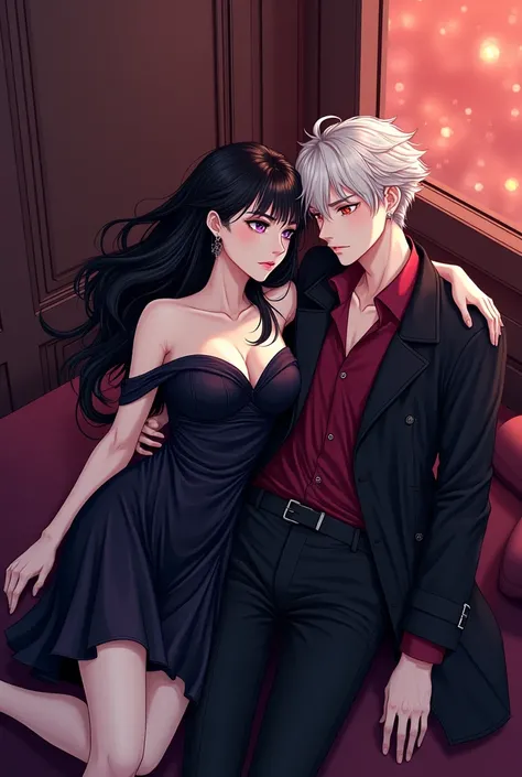  creates an image of two characters ,  An attractive young creamy white complexion ,  purple eyes like amethyst , dark hair like the night long and abundant with bangs ,  dressed in an elegant black dress with bare shoulders ,  with tight bodice and a long...