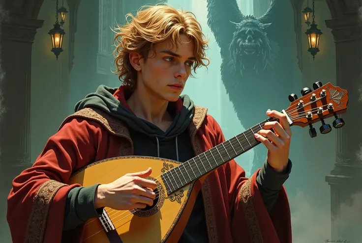  create the best image you can of Kvothe main character in the name of the wind make him handsome, He is playing the laud . It is supported by El Cthaeh