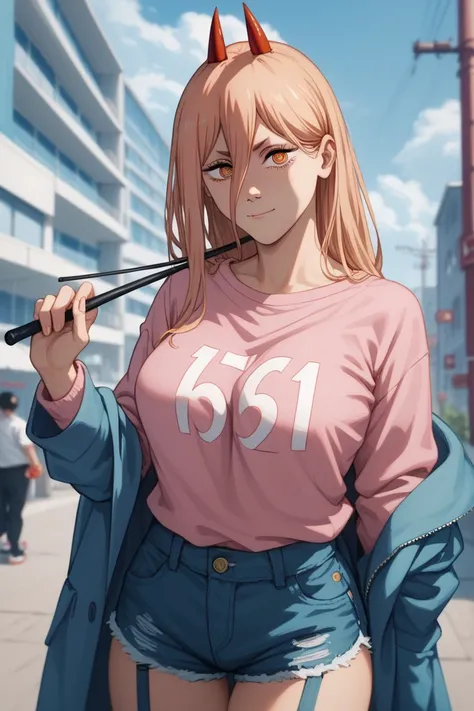  Power is a girl from the anime chainsaw man.  She has red horns ,  sticking out of her head ,  7 breast size ,  wearing a pink sweater , with the inscription 76 .1,  from which the straps of a black shower stick out , Dressed in short shorts, у нее румяне...