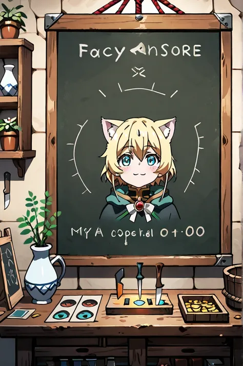  one girl,My cat ears,kawaii,cute,fantasy clothes, little smile ,break,( Fancy Tool Store :1.3),وضعية cuteة, Collection of medicinal herbs,pottedion, Devices , Corridors , shelves , Tools Section , Devices  section,Rate, Plants ,  Fanous , Wooden Bucket , ...