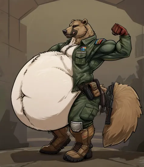 Very extremely morbidly-Obese Grizzly Bear with unbelievably very very very extremely massive overhang white belly, wears Boots, Flexing, wears full military suit, side view. 