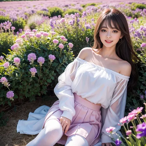 laughing out loud，In the lavender flower field, (knee shot),  1 girl, long hair, Slender body shape, 超face slimming型, face slimming, delicate lips,  pretty eyes, thin blush, Eyes are light brown,View here, (actual:1.3), 8k, ,  super detailed,  High Quality...