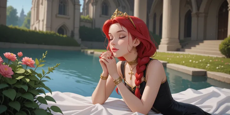 woman praying,  black dress,  golden armor , armor breastplate, golden tiara,  well lit ,  depth of field,  full body, golden crucifix collar, earring, gold rings , gold bracelet,  gold navel piercing,  long straight hair ,  red hair ,  braided hair ,  wet...