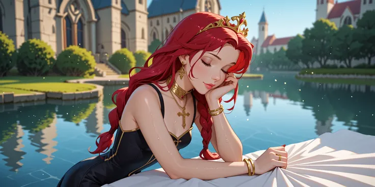 woman praying,  black dress,  golden armor , armor breastplate, golden tiara,  well lit ,  depth of field,  full body, golden crucifix collar, earring, gold rings , gold bracelet,  gold navel piercing,  long straight hair ,  red hair ,  braided hair ,  wet...