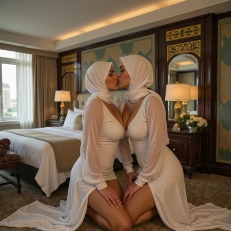 The scene depicts a sexual encounter between two curvy lesbian women wearing niqabs. They have sex with each other on the bed. They engage in a sexy hot kiss that emphasizes their large breasts and voluptuous bodies. A luxurious hotel room with large windo...