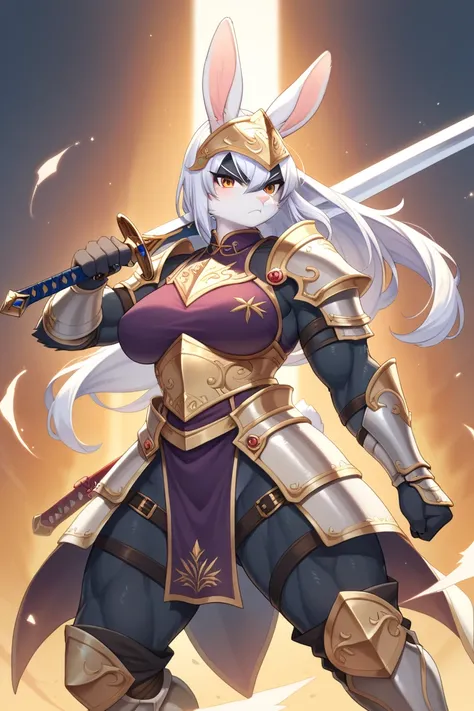 score_9, score_8_up) score_7_up, score_6_up, solo, rabbit, kemono, muscular female, anthro, action pose, knight, armor, gold trim, big sword, serious,