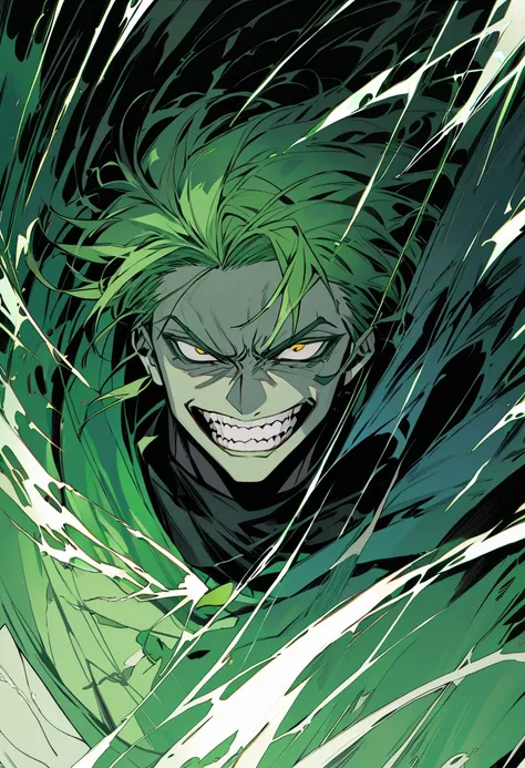 A man, Green hair, Controls wind, Evil smile