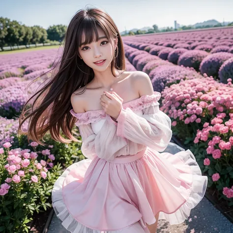 laughing out loud，In the lavender flower field, (knee shot),  1 girl, long hair, Slender body shape, 超face slimming型, face slimming, delicate lips,  pretty eyes, thin blush, Eyes are light brown,View here, (actual:1.3), 8k, ,  super detailed,  High Quality...