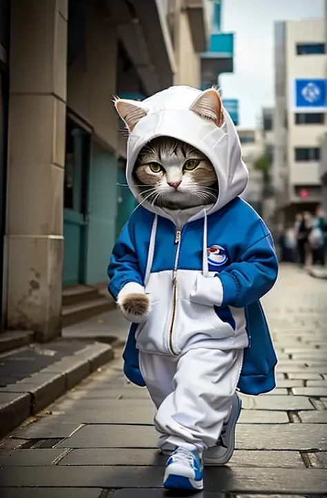 a cute little cat, Wearing a casual suit with a blue hood, White sneakers, Sad expression, Cute digital illustration art, tmasterpiece, best quality, sad cat, carrying a Palestinian flag, with a microphone beside him, Abstractionism