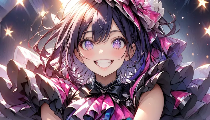 (masterpiece), best quality, expressive eyes, perfect face, Create an image of a young girl with long, dark purple hair and bright, starry eyes. She wears a stylish idol outfit consisting of a colorful dress with a frilly skirt, stockings, and fashionable ...