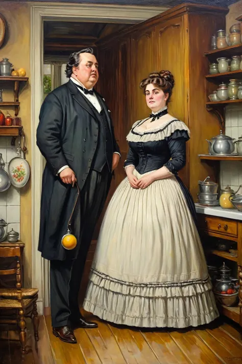 Buxom plump volouptous Victorian lady standing with a gentleman in her kitchen, oil painting 