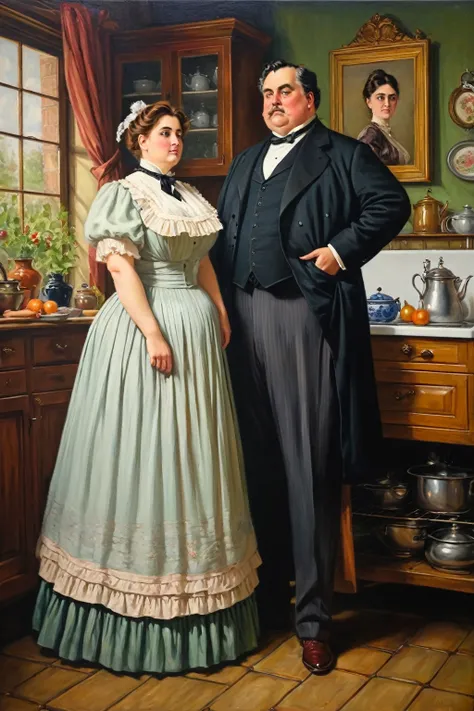 Buxom plump volouptous Victorian lady standing with a gentleman in her kitchen, oil painting 