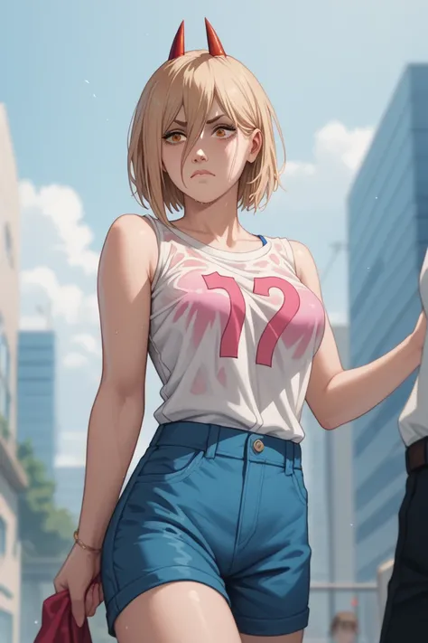 Power is a girl from the anime "The Man with the Chainsaw". She has red horns sticking out of her head, chest size 7, wears a pink soaked sleeveless T-shirt with the inscription 76.1 , Wears short shorts, she is not embarrassed, stands on one leg, complete...