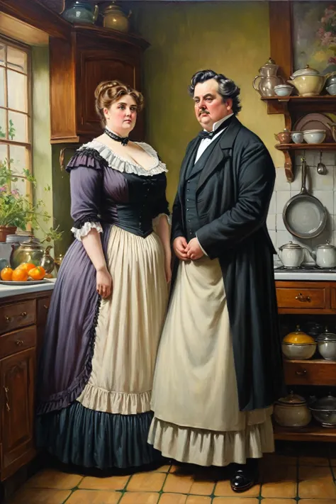 Buxom plump volouptous Victorian lady standing with a gentleman in her kitchen, oil painting 