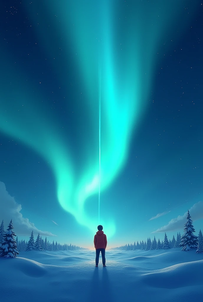 Create a cover image for my album ,  the theme is a night with Northern Lights,  a person watching them while its snowing , All this animated 
