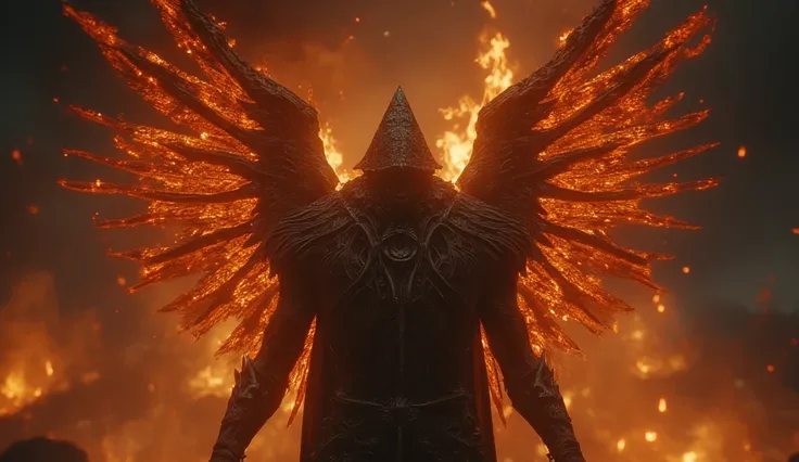 An iron golem angel with huge sharp wings instead of arms. Instead of a head, he has a huge bronze pyramid covered with spikes. It is made of bronze, and is covered with cracks from which flames shoot out. He stands against the background of a firestorm, a...