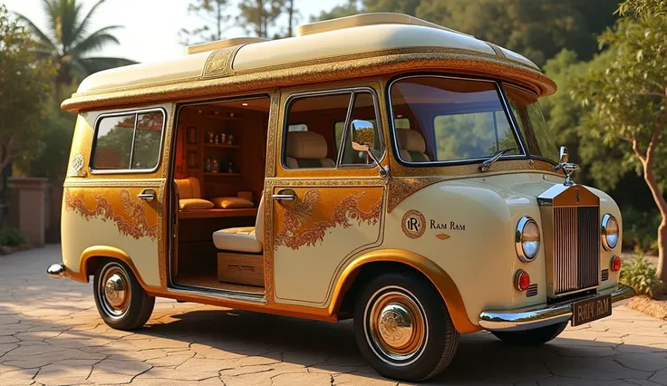 "Design a luxurious Rolls-Royce Camper Van inspired by Indian heritage, blending modern elegance with cultural richness. The exterior features a classic Rolls-Royce design with metallic gold and ivory white paint, a signature chrome grille, and traditional...