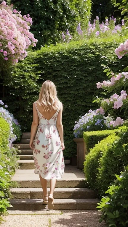 Handheld, slow motion: A blonde woman in a floral dress walks gracefully through a garden. Camera Movement: Follows her from behind, then transitions to the side. Additional details: The dress flows gently with each step, and her hair moves naturally. She ...