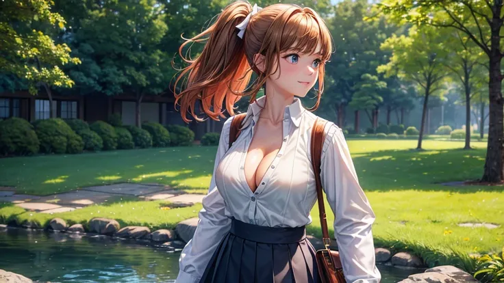 1girl, solo, summer, trees, water, house, fantasy landscape, red hair, ponytail, large full breasts, ((light brown vest sweater)), button down, dark blue eyes, ((white shirt)), ((short sleeved shirt)), ((unbuttoned shirt)), (unbuttoning shirt), (cleavage),...