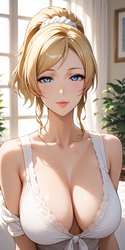 Score_9, Score_8_up, Score_7_up, Source_anime, anime art, anime style, very aesthetic, masterpiece, high quality, 1girl, seductive mature woman, milf, housewife, sagging breasts, large breasts, breasts apart, curvaceous, lovelive_eli, blonde hair, swept ba...