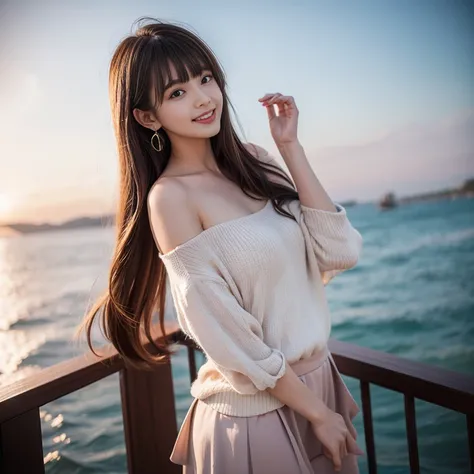 laughing out loud，Stylishly wear ，date attire， skirts to show off showy radiance，knee shot, The background is on the sea，1 female, light brown hair, blunt bangs, hair behind ears, Shoulder length hair, long hair, Slender body shape, 超face slimming型, face s...