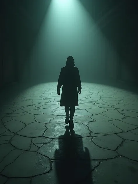 A person walking in circles on a cracked floor that extends infinitely, symbolizing repetitive and limiting patterns. The environment is dimly lit with a spotlight focused on the person, creating a dramatic and introspective tone. Aspect ratio: 16:9