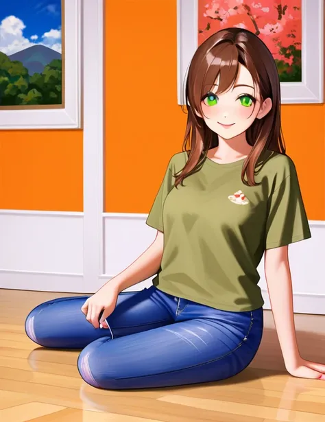  Anime character of a woman wearing a black long-sleeved shirt and blue jeans, brown hair قصير, ,  green eyes ,  digital painting inspired by Tomer Hanukkah ,  is popular on Pixiv ,  The Art of Sequencing ,  very close heavy gesture style ,  full body deta...