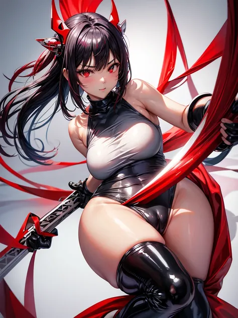 solo girl,Glossy metalic light silver tank top, tight latex shiny, Red interpolation color,Black hair bob,red eyes, camel toe, Samurai Sword, หัวนม,
Lift one leg, sexy lady, โชว์กางเกงใน girl, ถ่างขา, งอเข่า,