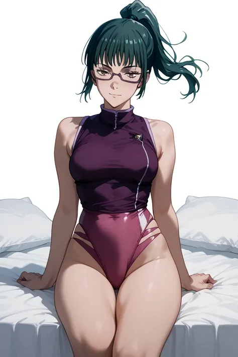  spandex pink leotard　 bed　 invited position 　 sexy　 showing private parts 　 open thighs　 　　　M-shaped legs　takaya noriko costume
   ecstatic expression　
zenin maki glasses  ponytail
