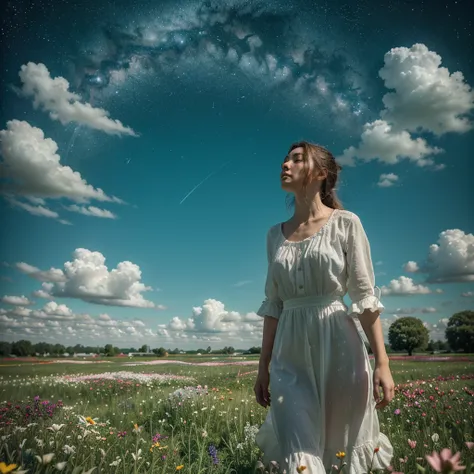 There is a girl Standing in a field of flowers looking up at the sky, a girl Standing in a field of flowers, , the girl is walking in a field of flowers , , lost in the wonderland of dreams , Standing in a field of flowers,  fantasy digital painting , , th...